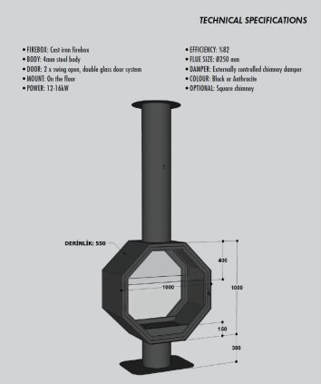 Viseći kamin na drva HEXAGON - Slika 2